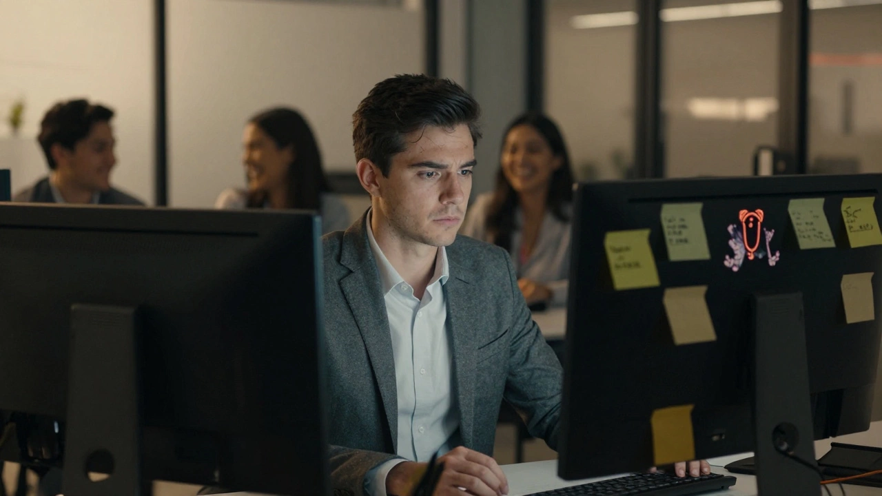 A professional staring at a cluttered computer screen, reflection showing exhaustion as coworkers laugh nearby in blurred light.
