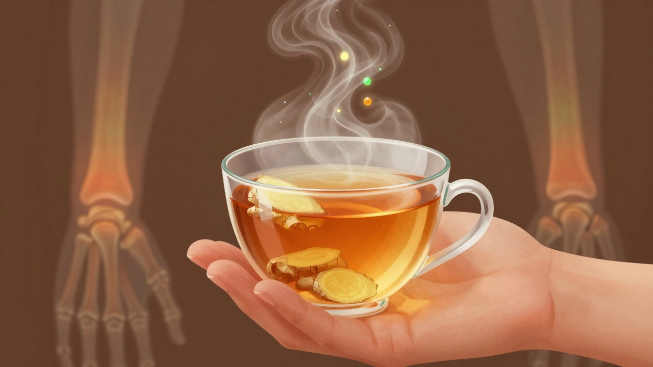 A steaming cup of ginger tea with visible ginger pieces, emitting healing glowing particles.