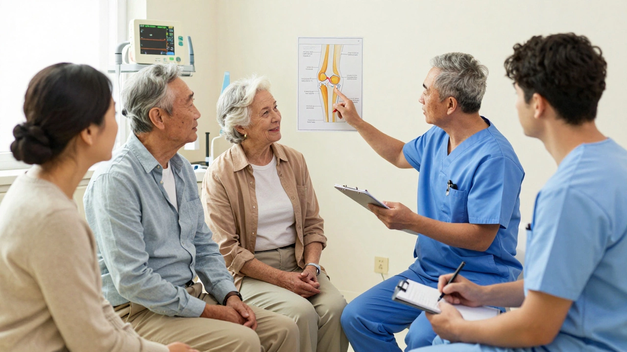 A surgeon explains knee replacement to older patients in a clinic, emphasizing health over age.