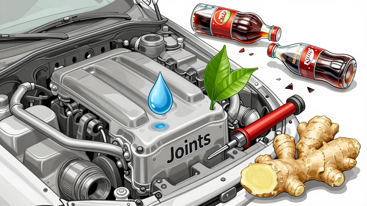 An engine labeled 'Joints' being maintained with water, tea, and ginger, while sugary drinks are broken.