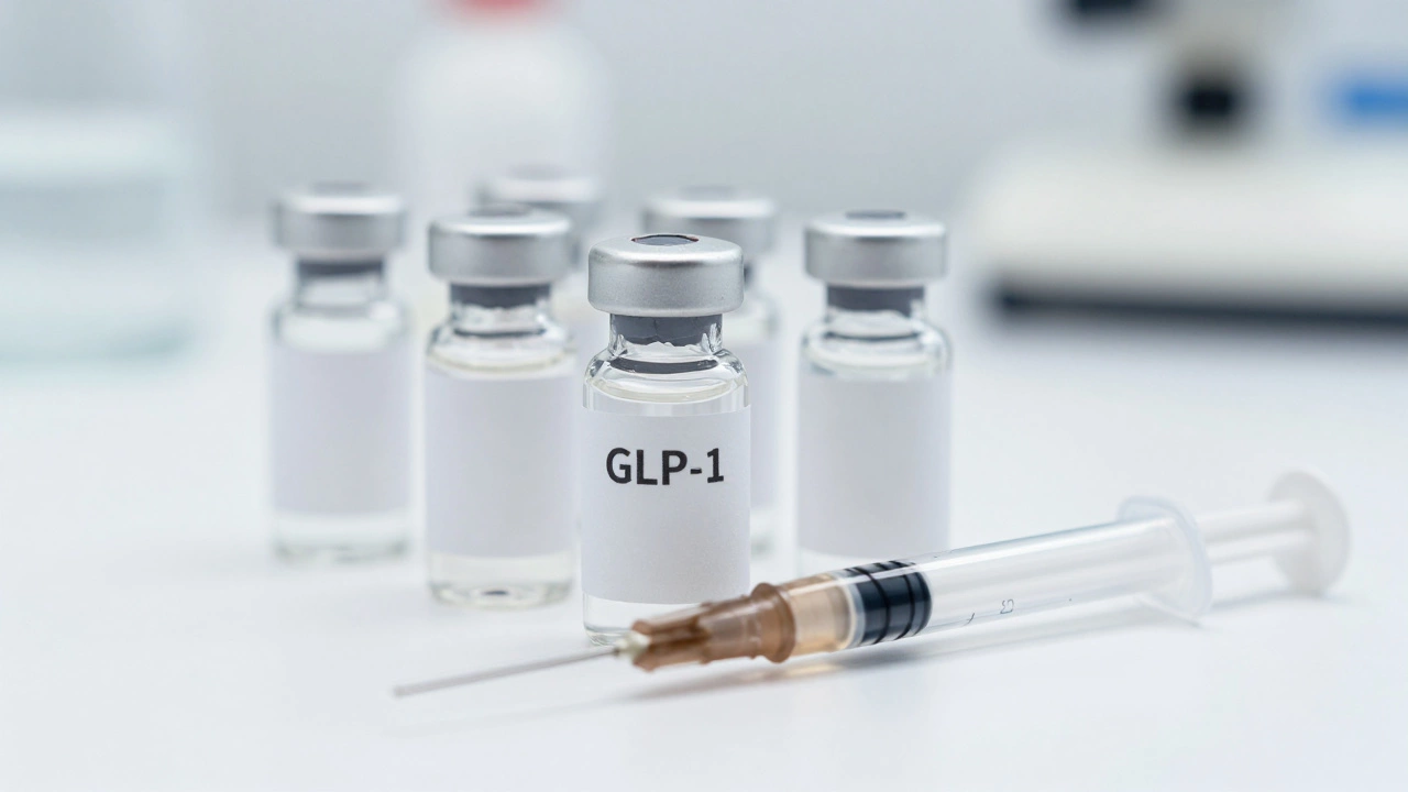 Close-up of medical vials and syringe on a white clinical surface.