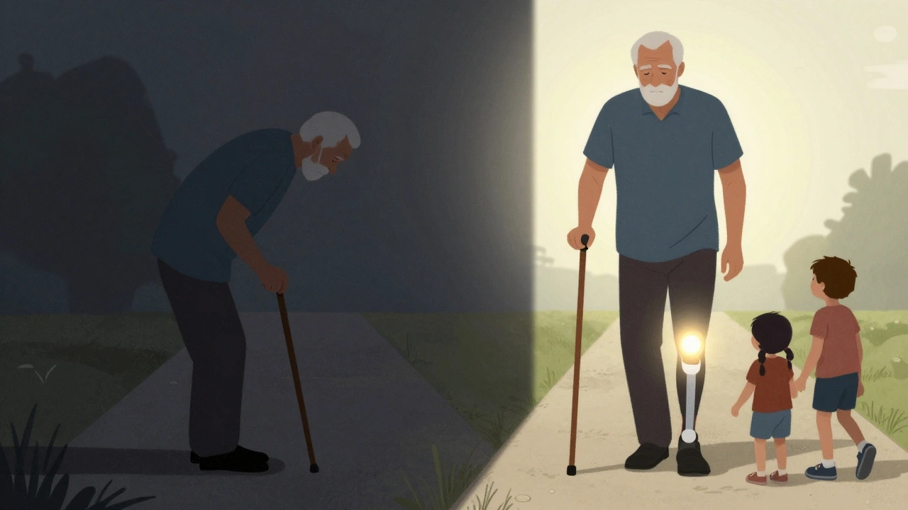 Contrasting images of an elderly man before and after knee surgery — pain versus renewed mobility.