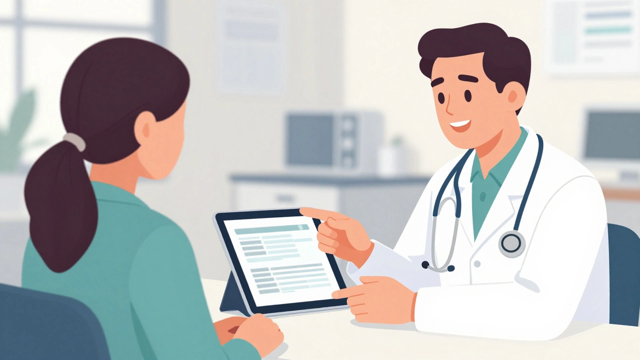 Doctor consulting with patient about medical plans in an office.