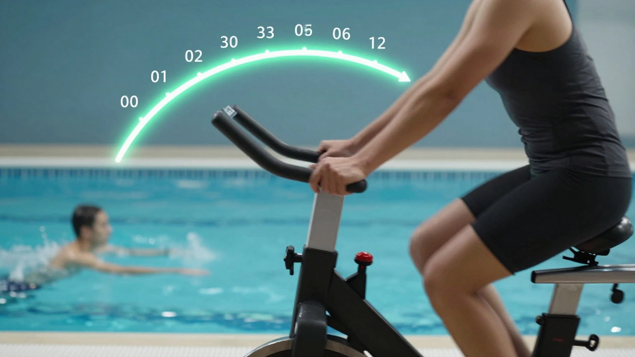 Individual cycling on stationary bike with water aerobics in background, symbolizing recovery progress.