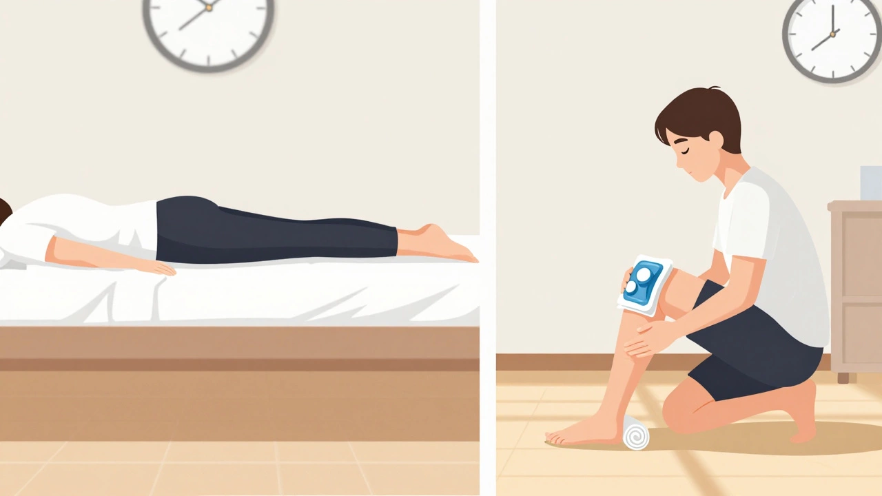 Person performing knee rehab exercises at home: leg raises, icing, and knee bending with towel.