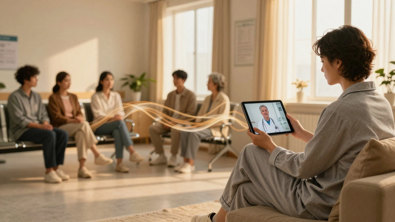 Split view comparing clinic waiting room with home telehealth consultation