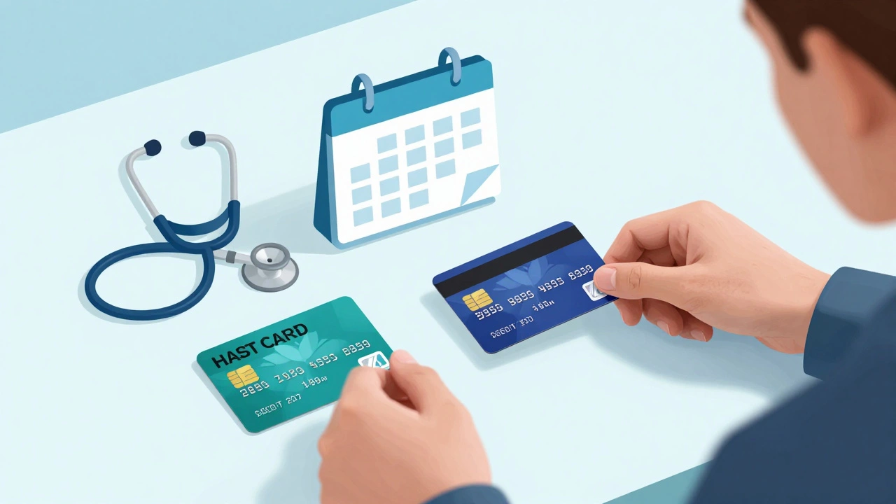 Various payment cards arranged on table with healthcare planning items