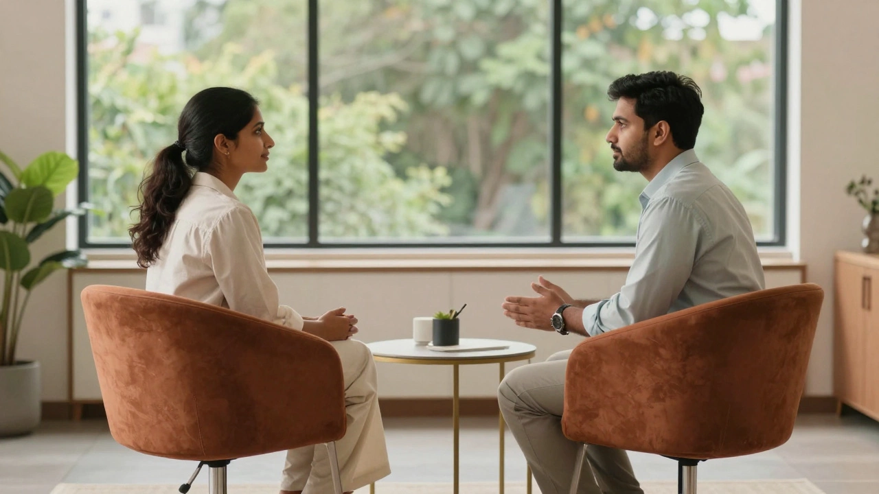 A client and therapist having a supportive conversation in a modern, peaceful office.