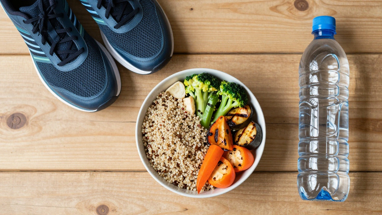 A healthy meal of quinoa and vegetables next to running shoes and a water bottle