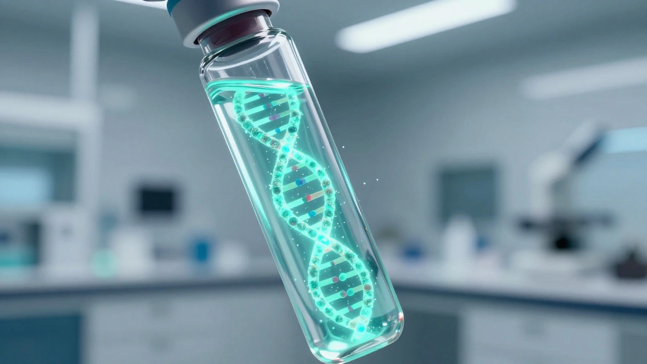 A laboratory vial of blood with glowing DNA fragments for a liquid biopsy.