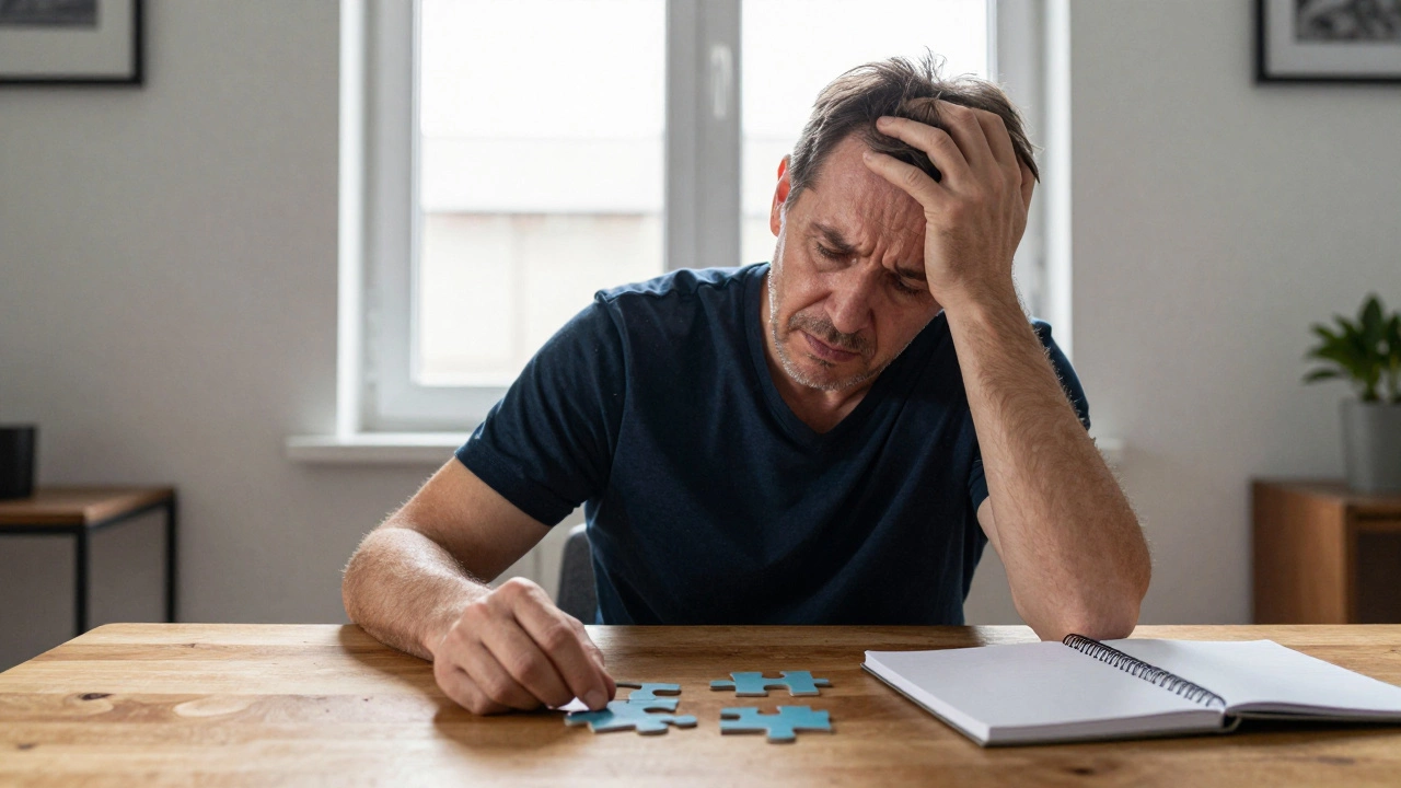 A person recovering at home practicing cognitive exercises with a puzzle and notebook