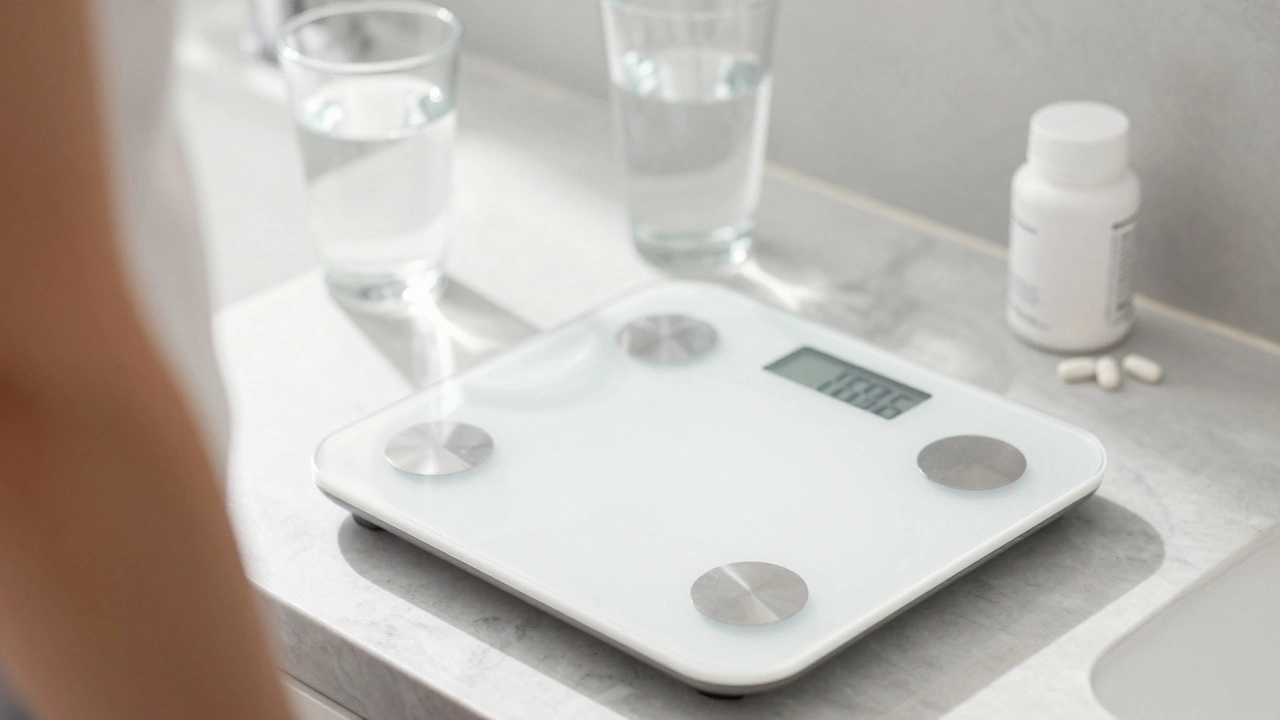 A person stepping on a digital scale in a bright bathroom, showing weight loss progress