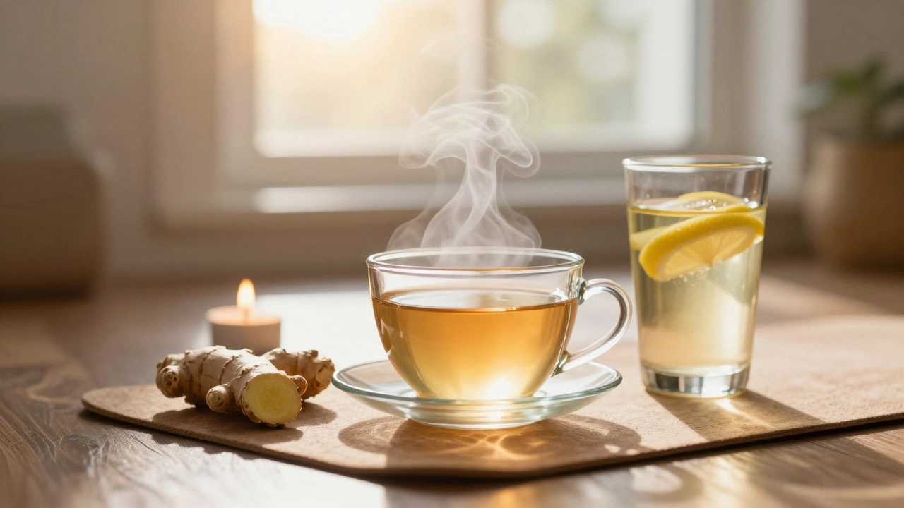 A warm cup of ginger tea and lemon water symbolizing the digestive fire Agni.