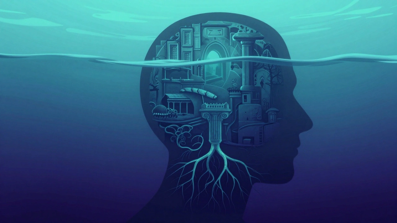 Artistic illustration of a mind as an ocean with deep roots and ruins below the surface.