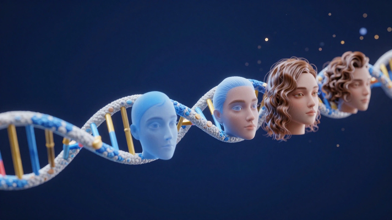 Conceptual 3D DNA helix with floating facial traits like eyes and hair textures.