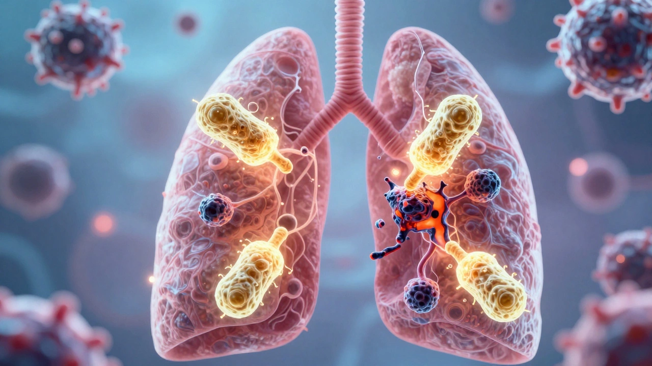 Microscopic view of immune cells attacking cancer cells in lung tissue.