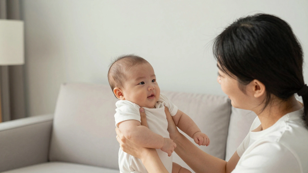 Parents lovingly gazing at their baby in a bright, modern living room.