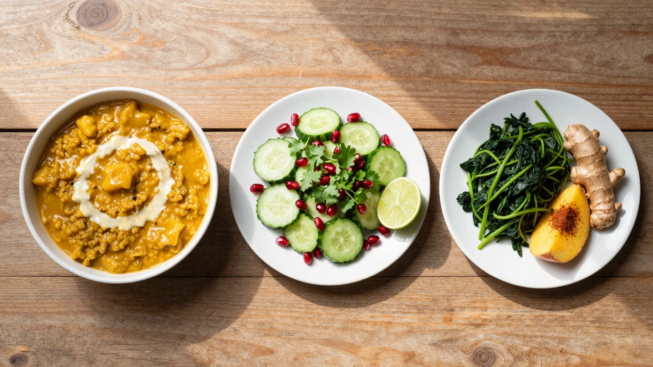 Three different Ayurvedic meals tailored for Vata, Pitta, and Kapha doshas.