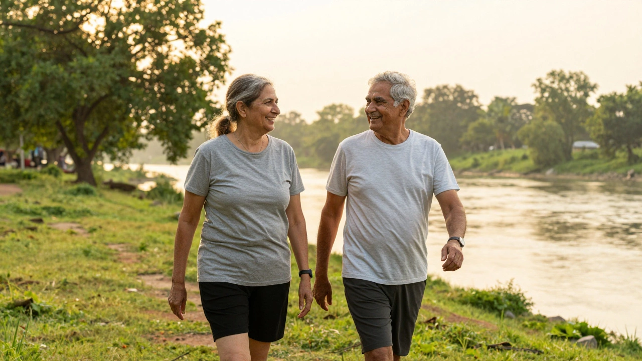 Active senior couple walking outdoors, symbolizing full recovery and vitality.