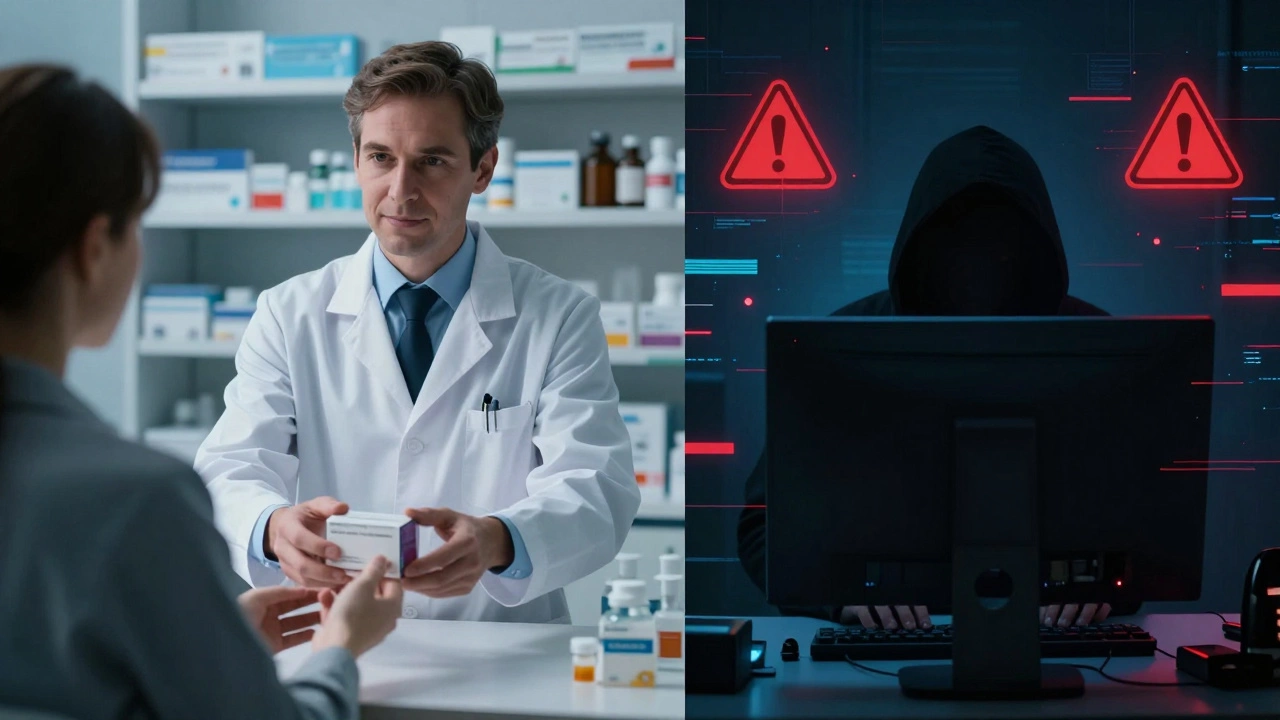 Contrast between safe pharmacist service and dangerous online scam