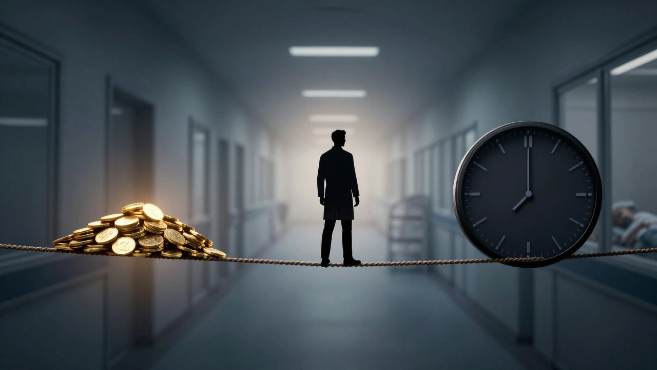 Doctor balancing wealth and time loss on a conceptual tightrope