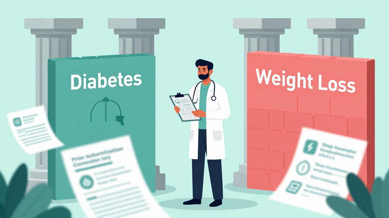 Doctor standing between diabetes coverage path and weight loss barrier