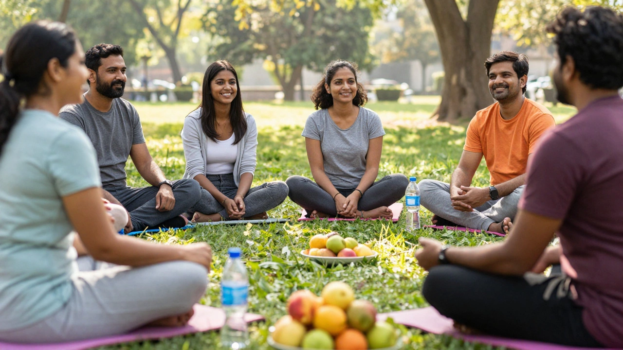Group of people connecting in a park, surrounded by healthy lifestyle elements.