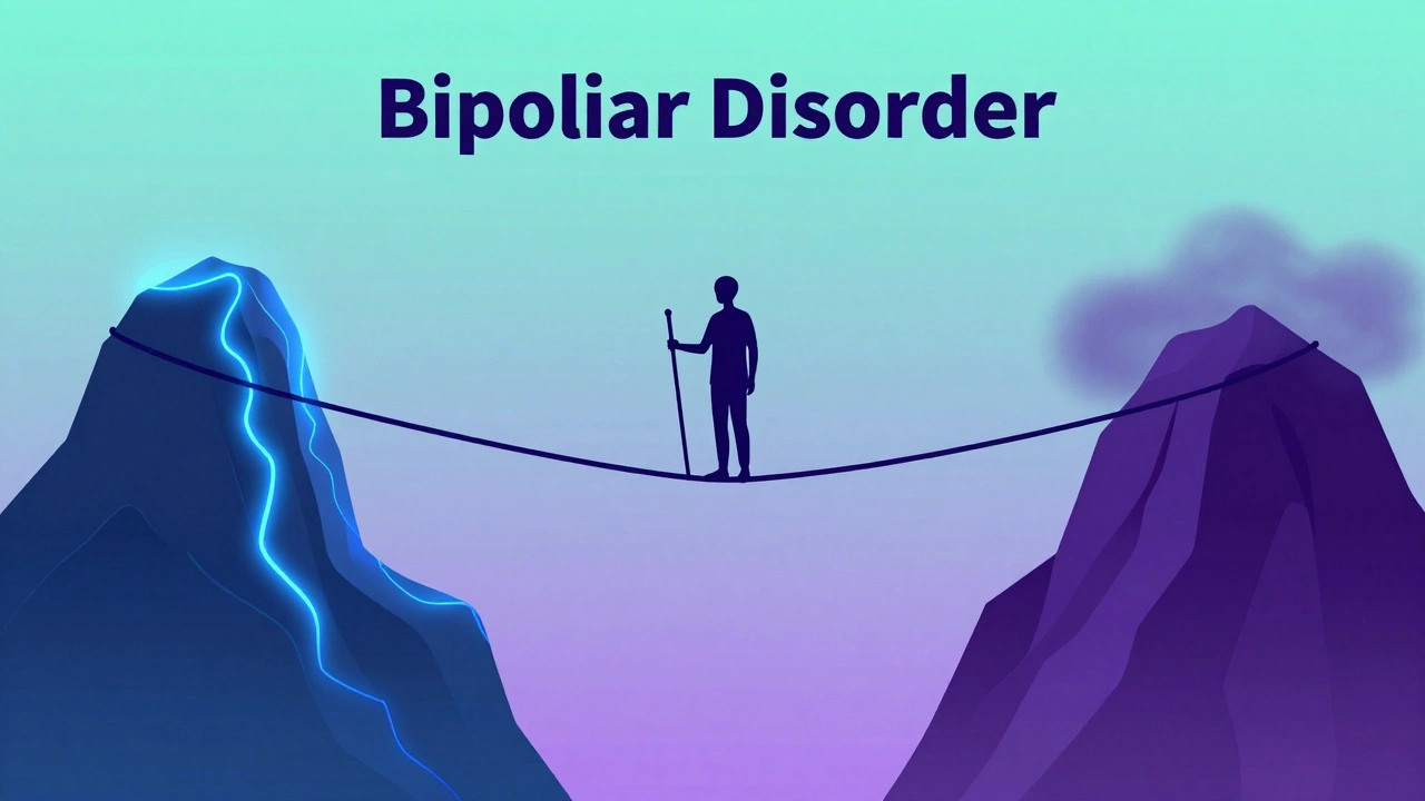 Illustration of a person balancing on a rope between mania and depression peaks.