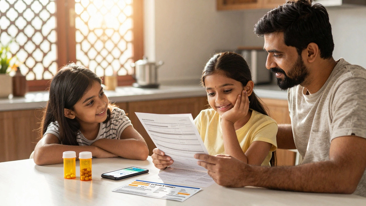 Indian family reviewing medication costs and savings coupons at home