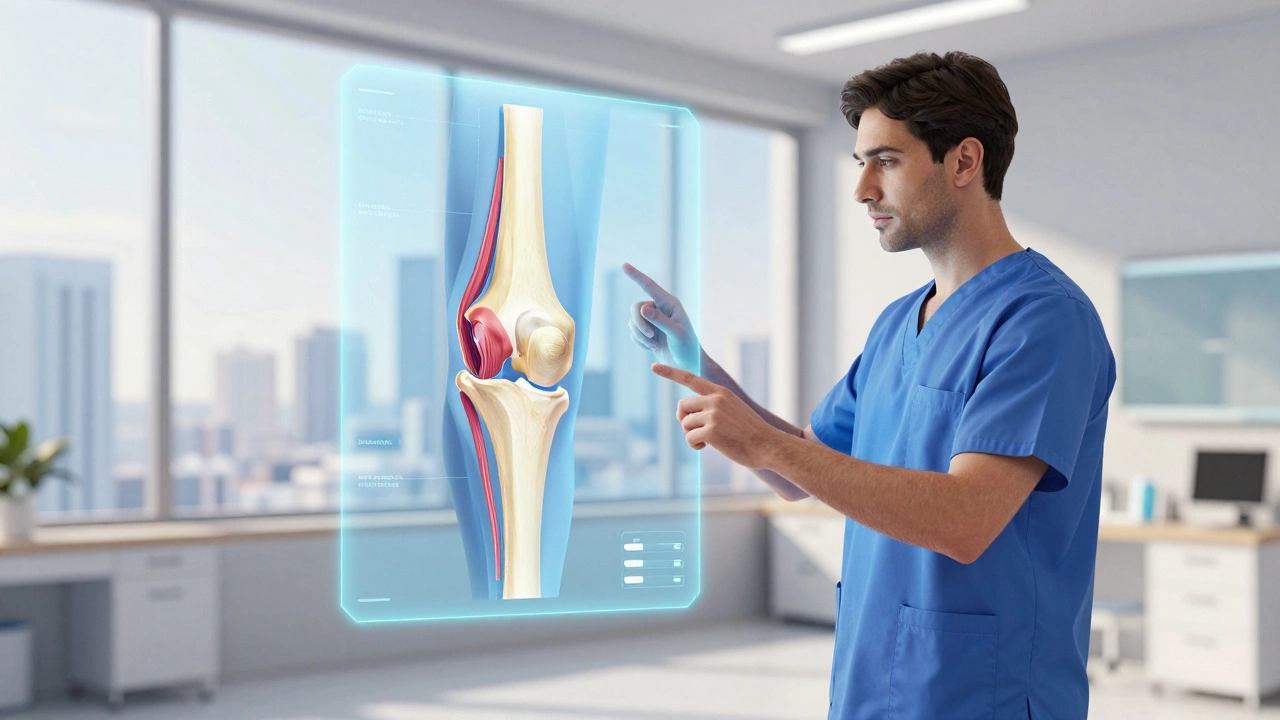 Orthopedic surgeon analyzing holographic knee joint model