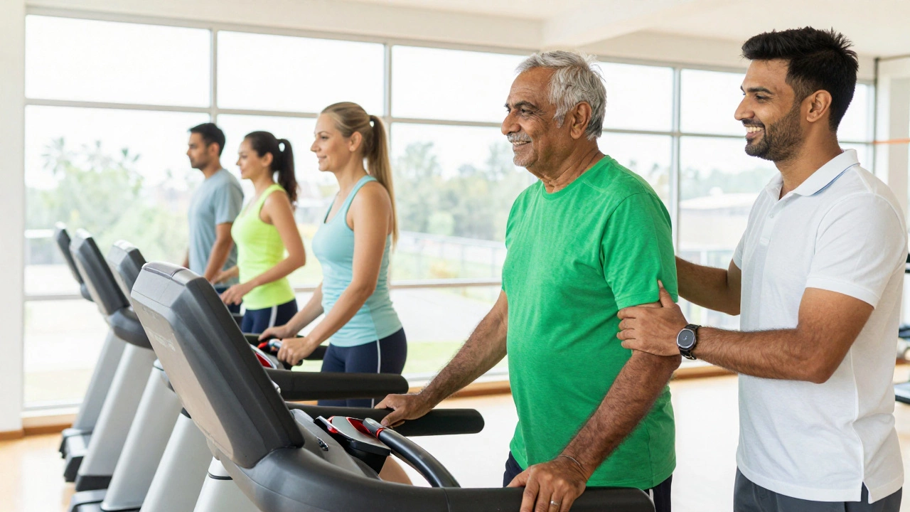 Patients participating in supervised cardiac rehabilitation exercises on treadmills.