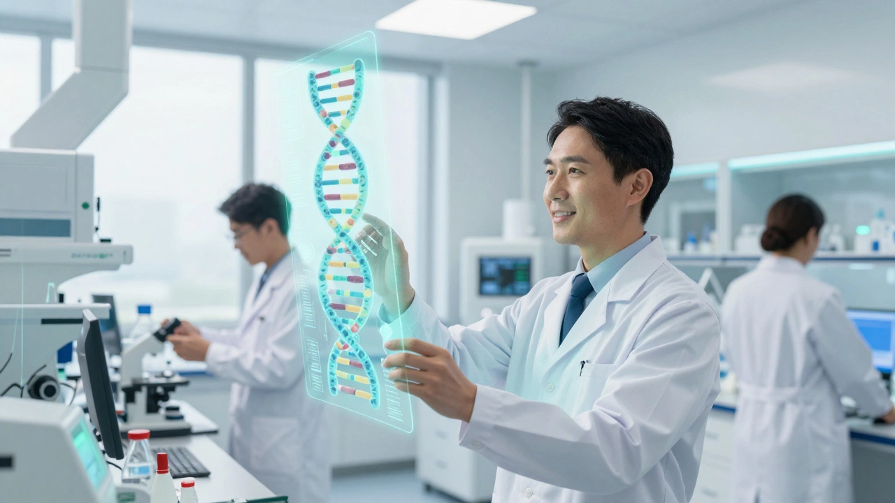 Scientists analyzing holographic DNA in a futuristic cancer research laboratory