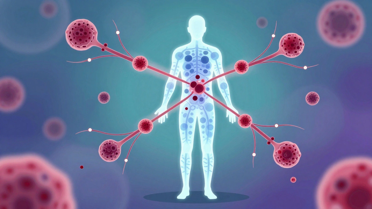 Abstract illustration of chemotherapy particles traveling through a human body.