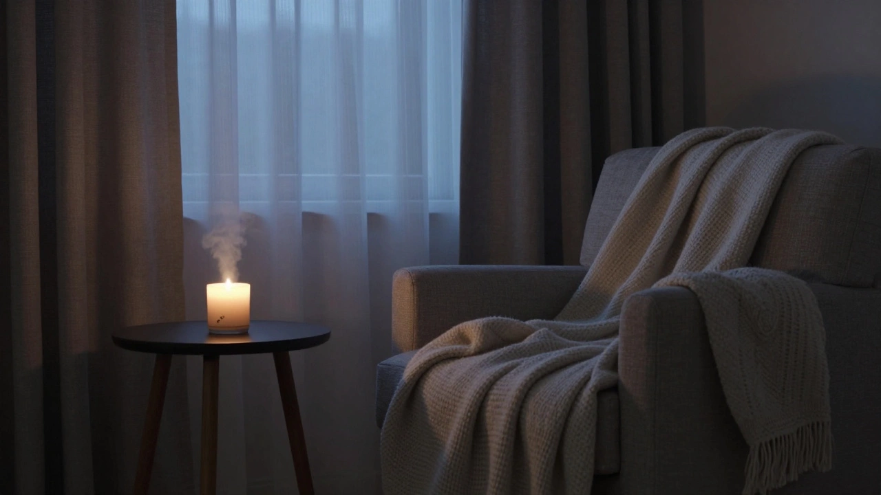 Cozy reading nook with candlelight and humidifier for calming Vata
