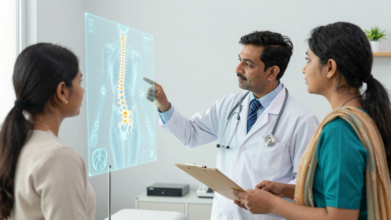 Doctor and patient reviewing holographic skeletal anatomy together