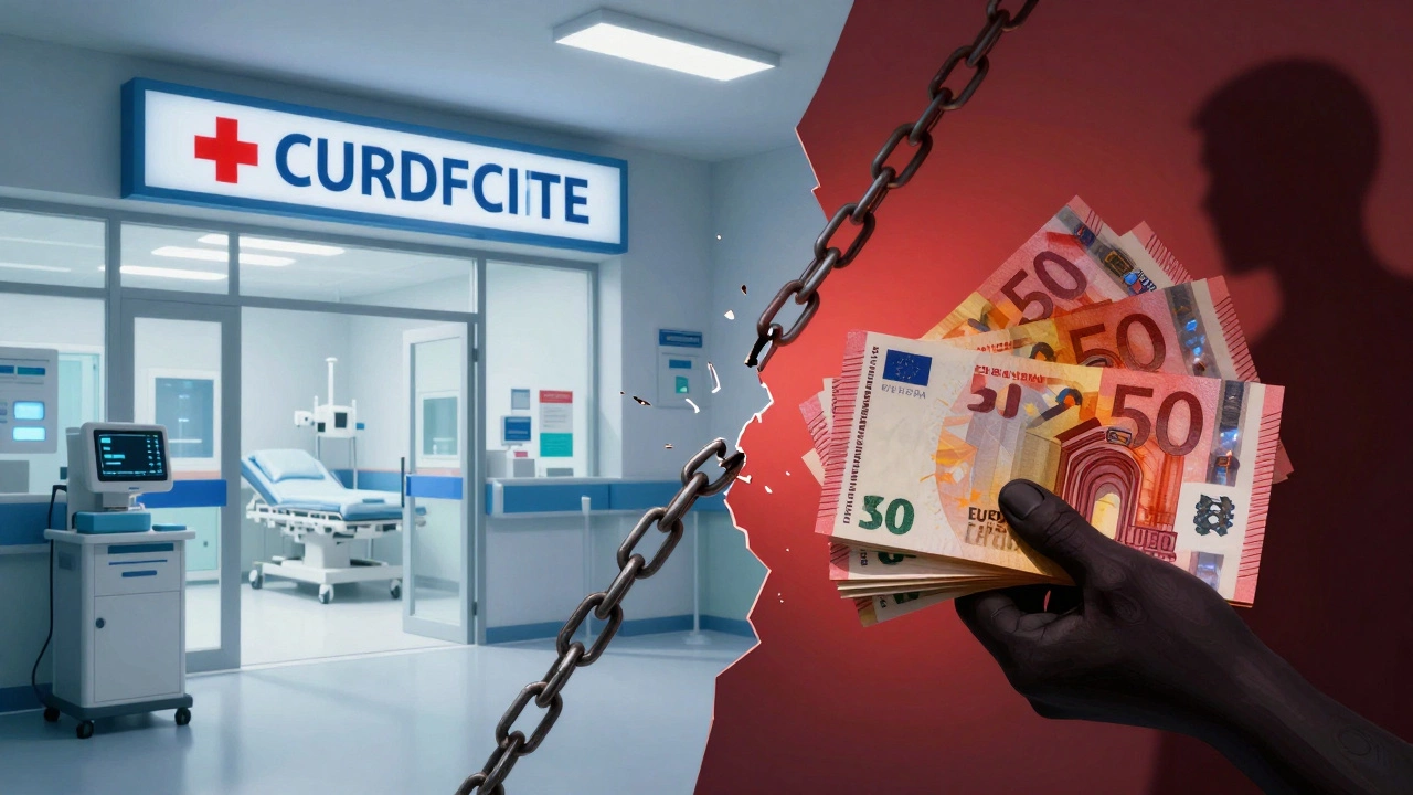 European hospital entrance contrasted with expensive medical bills