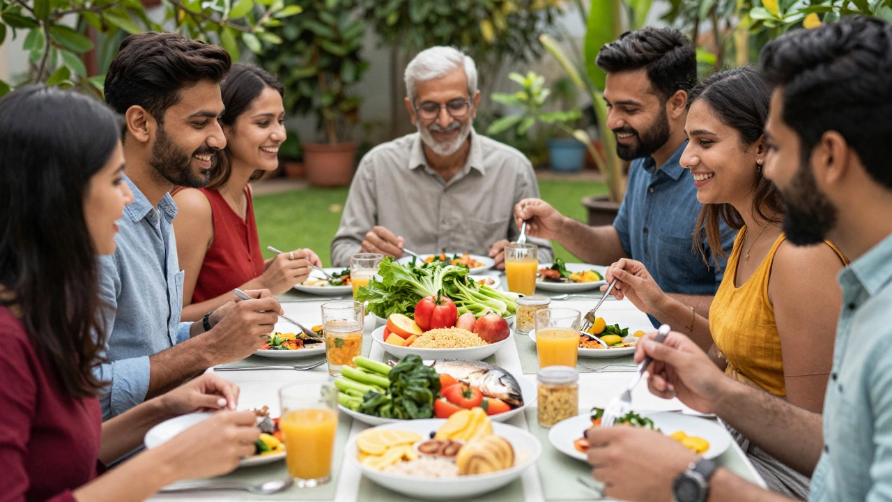 Group enjoying a healthy heart-friendly meal together outdoors