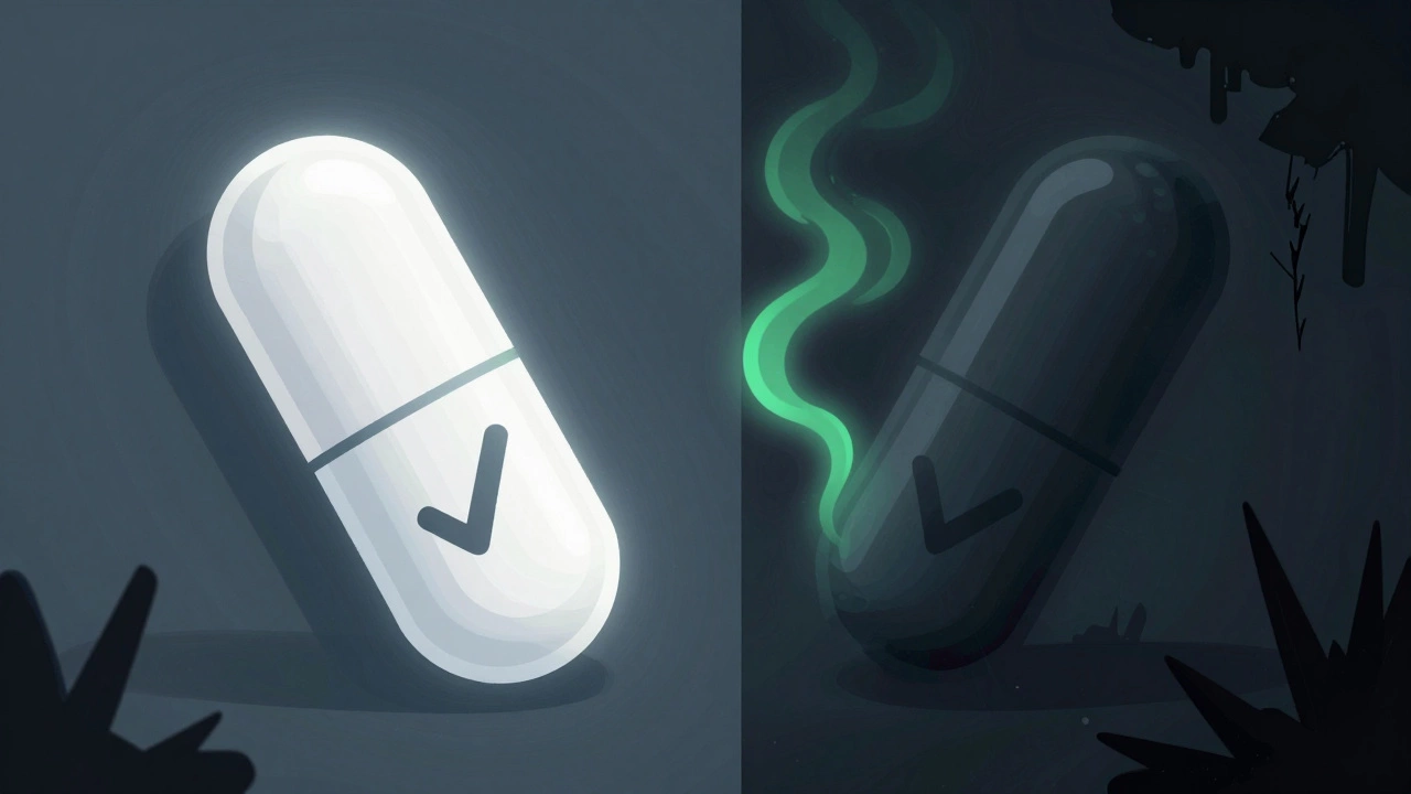 Illustration contrasting safe herbal capsules with toxic contaminated ones