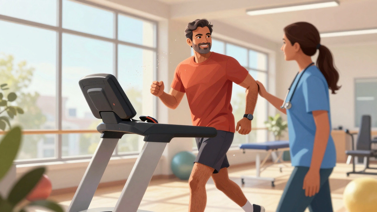 Man exercising on treadmill during cardiac rehabilitation session