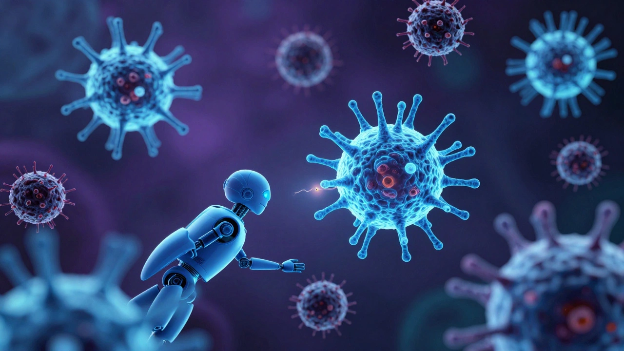 Microscopic view of immune cells attacking cancer cells