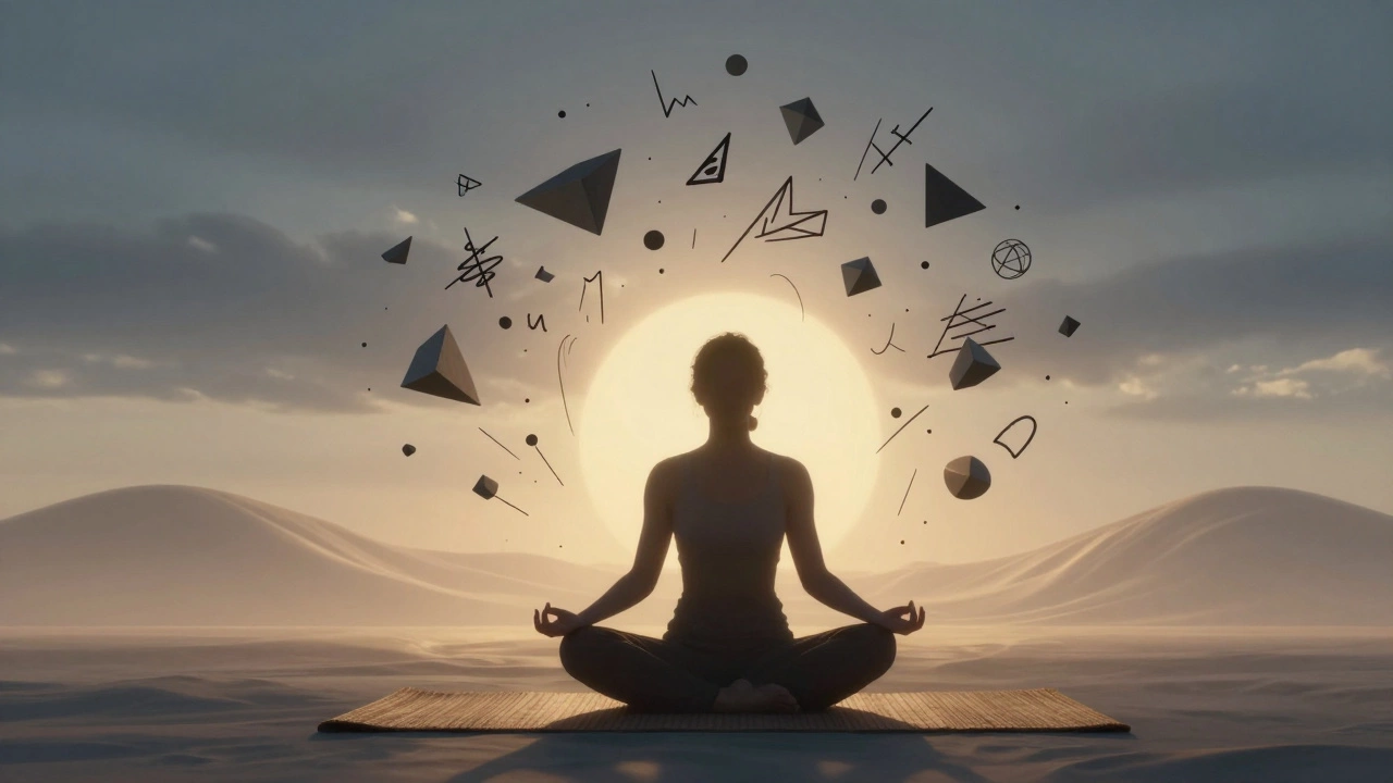 Person in yoga pose dissolving chaotic energy with warm light