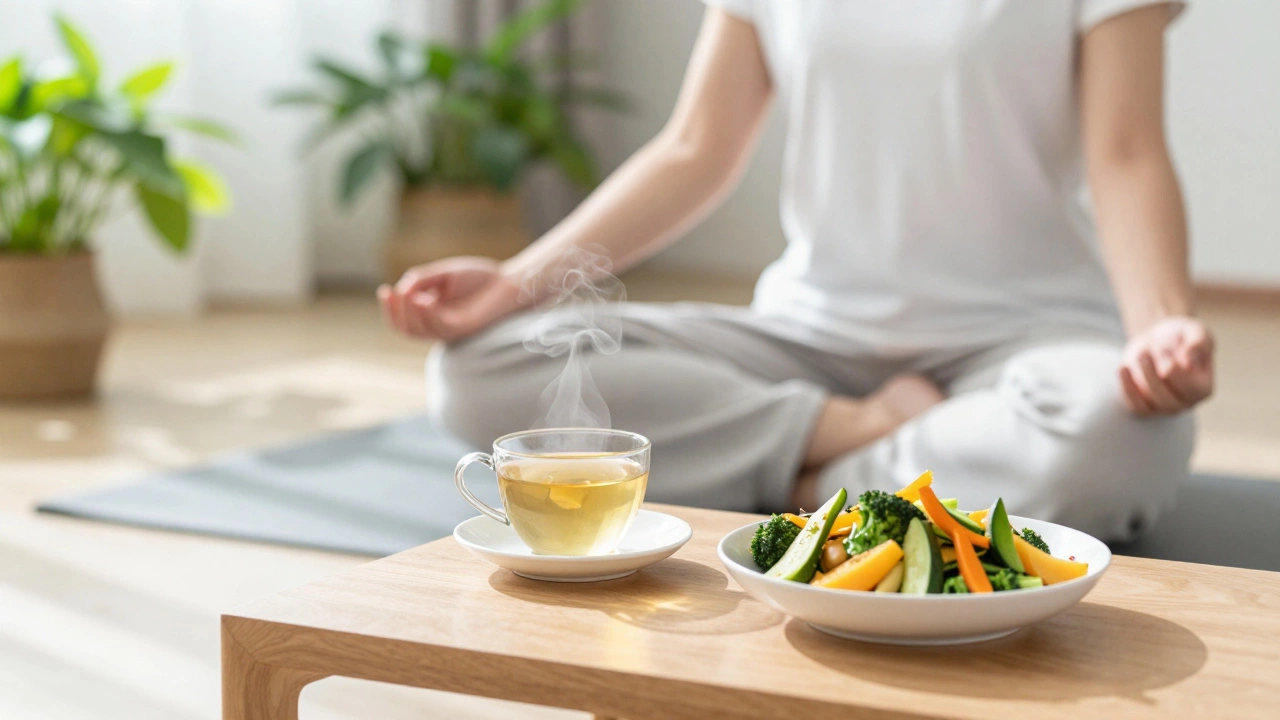 Person meditating with ginger tea and healthy food in a sunny room