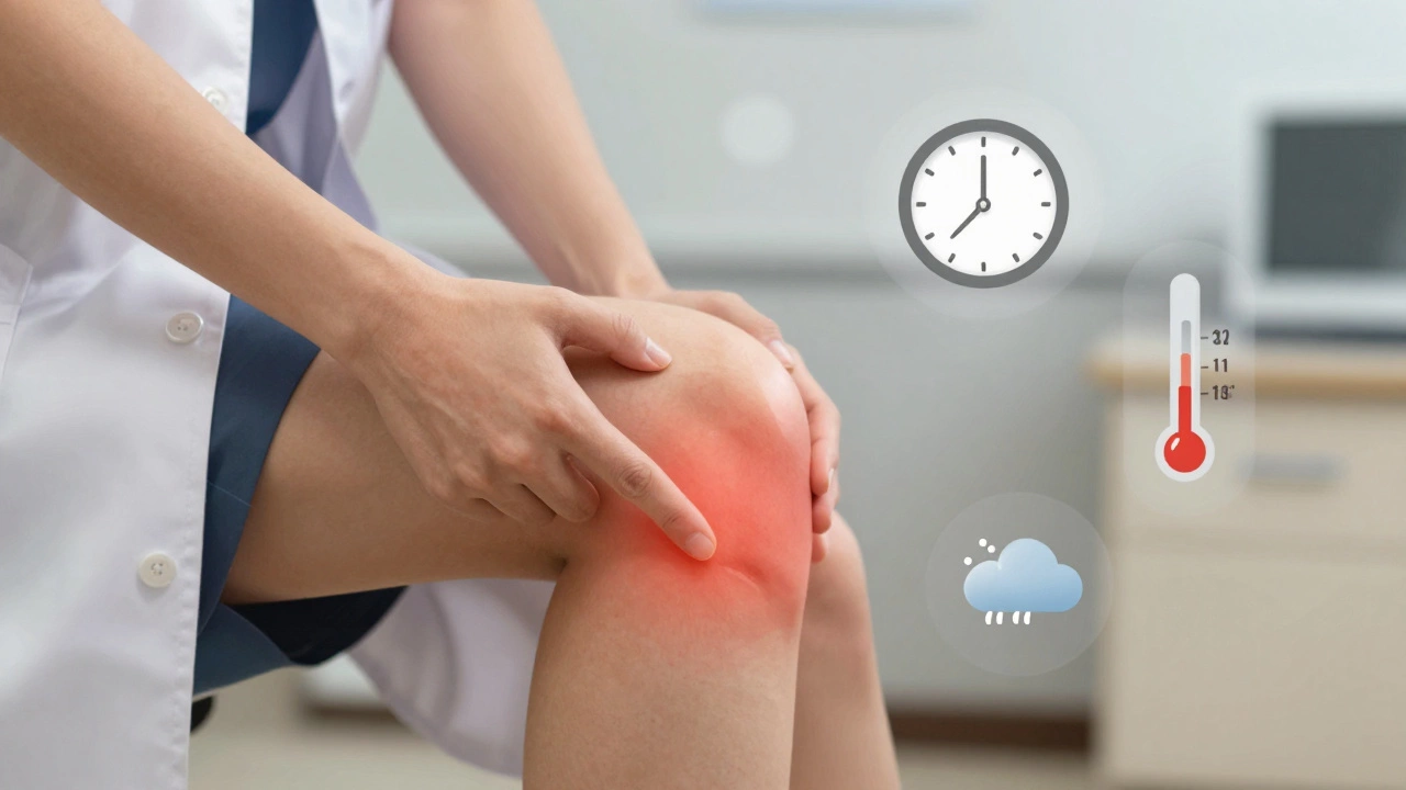 Person pointing to knee pain with floating symptom indicators