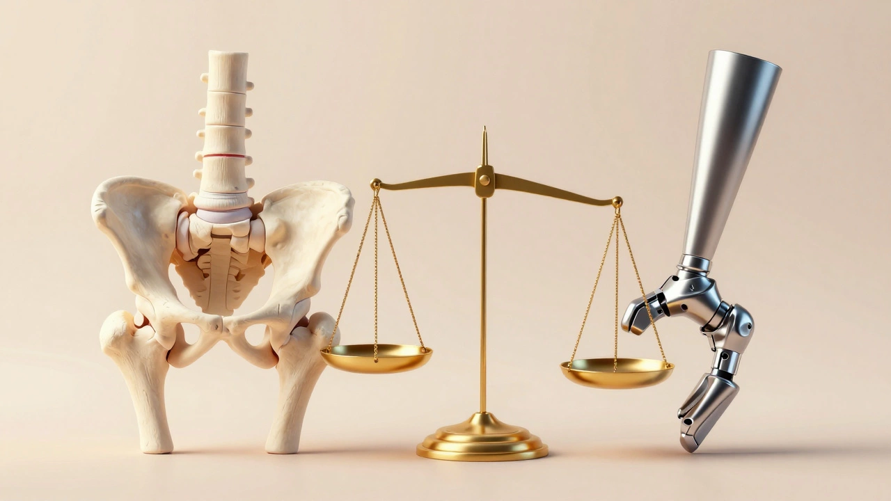 Scale balancing natural hip vs artificial implant, showing risk assessment