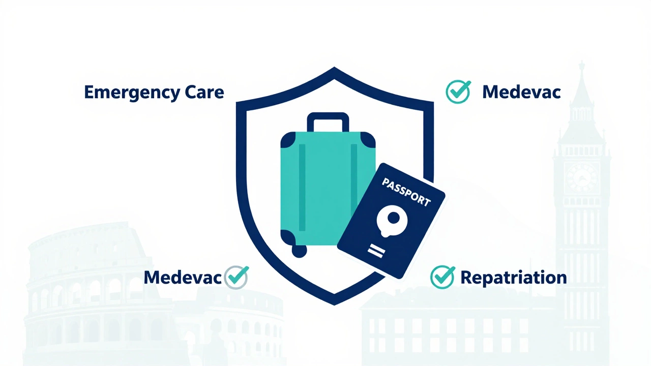 Shield protecting luggage and passport with European landmarks