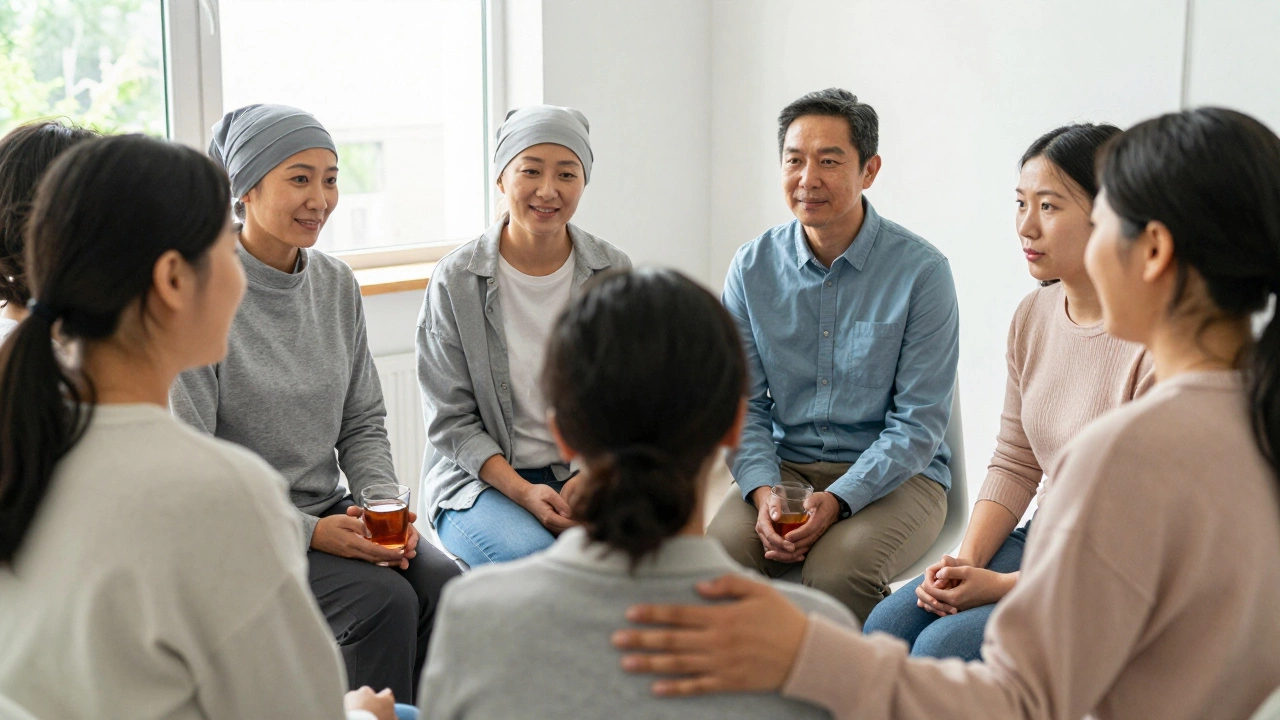 Support group meeting for cancer patients in a bright room