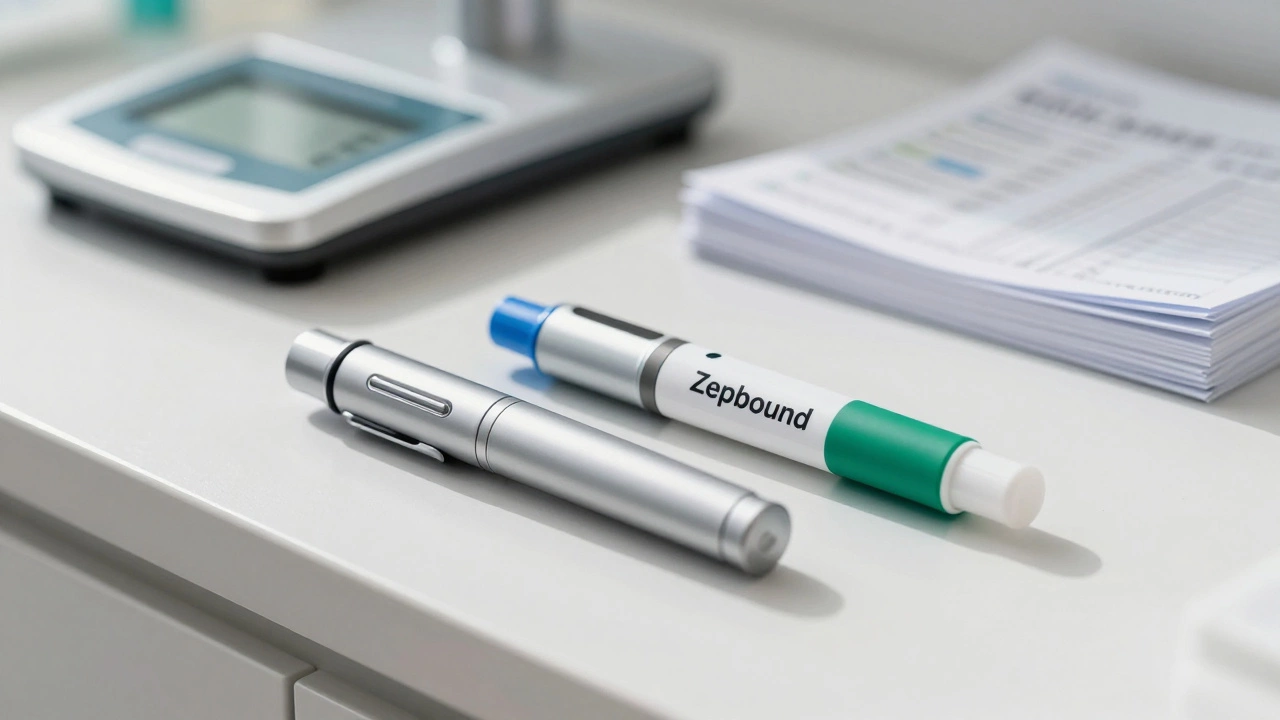 Two medication pens on a pharmacy counter with a blurred scale in background