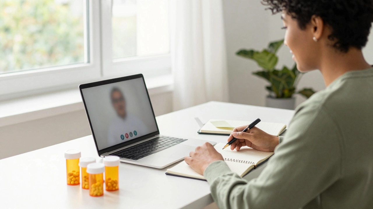 Calm person having telehealth video consultation in sunny home office