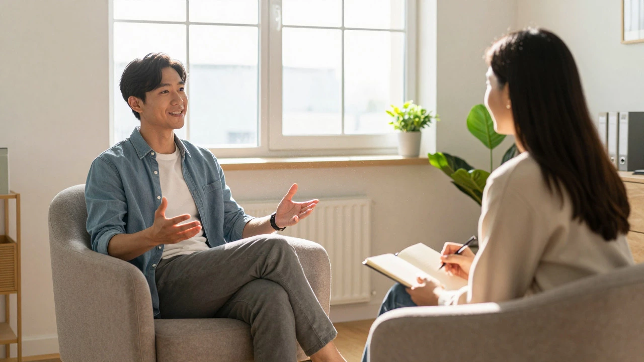 Client and therapist having a calm discussion in a sunny office