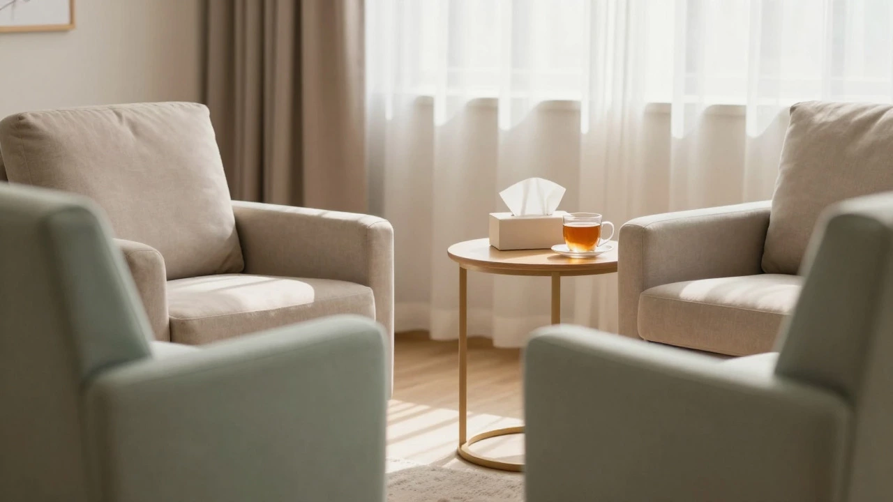 Cozy, sunlit therapy room with two armchairs inviting a safe conversation.
